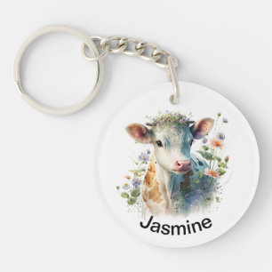 Jolie vache avec votre nom aquarelle florale ferme