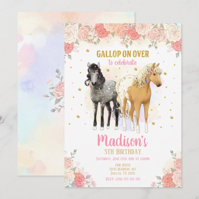Jolies chevaux et fleurs Invitation Anniversaire (Devant / Derrière)