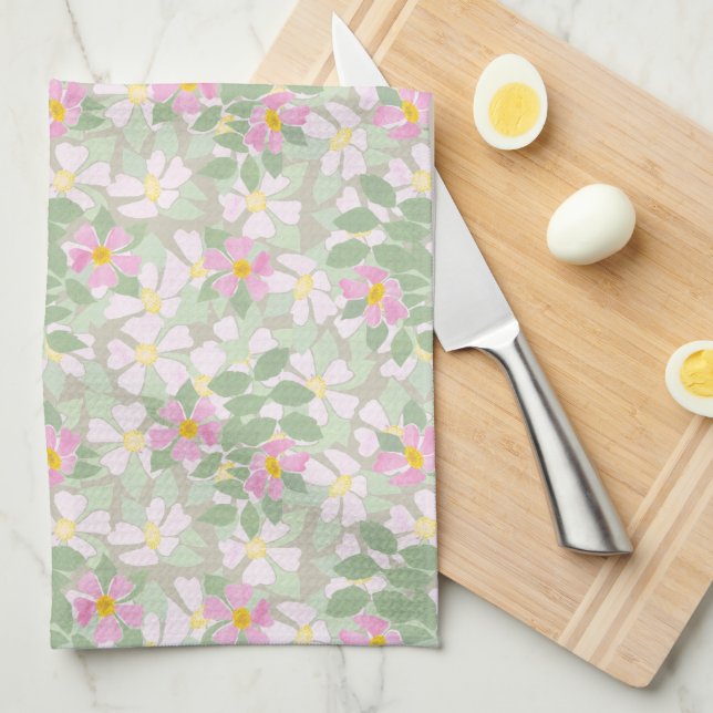 Jolies Dogroses roses sur serviette de cuisine Tau (Quart Plié)