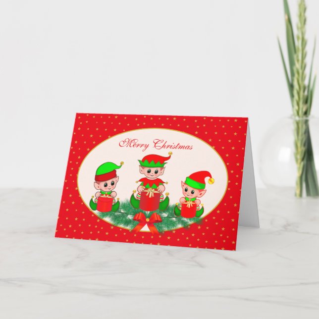 Jolies elfes de Noël et étoiles d'or sur carte rou (Devant)