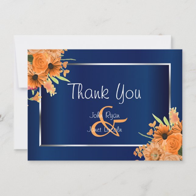 Jolies Fleurs Orange sur Fond Bleu Marine - Merci (Devant)