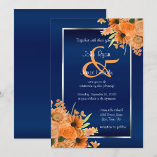 Jolies fleurs orange sur les invitations bleu mari