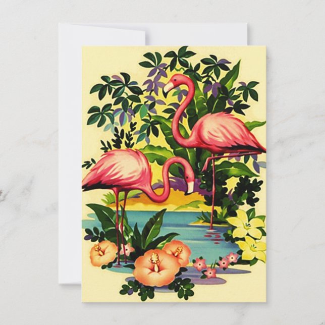 Jolies invitations de pool de Flamants roses rétro (Devant)