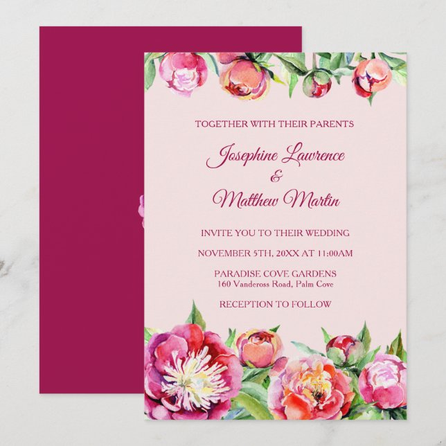 Jolies Peonies Floral Mariage Invitations (Devant / Derrière)