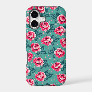 Jolies roses roses et motif à pois sur sarcelle