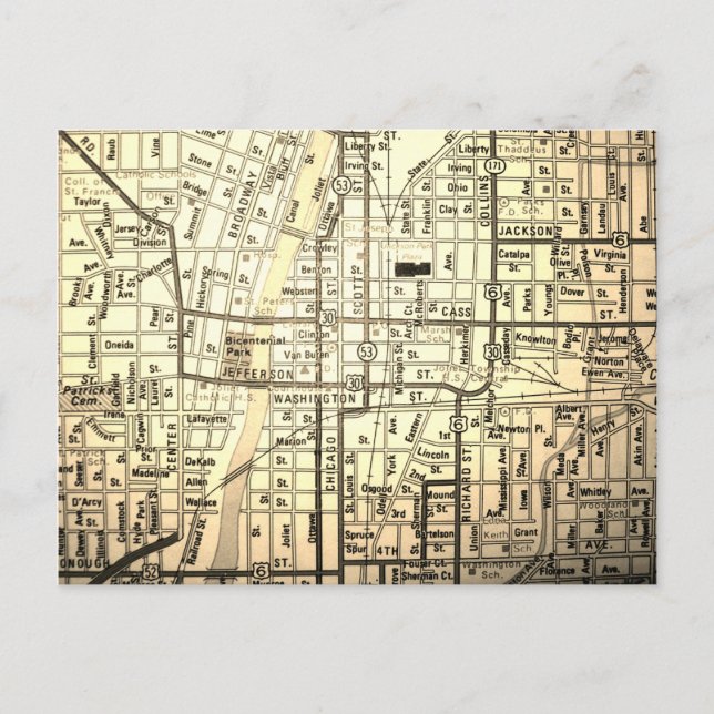 Joliet, IL Vintage Map Postcard (Front)