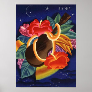 JOLIMENT VINTAGE HAWAII ~ POSTER UKULELE & HIBISCU