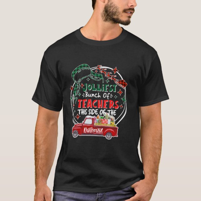 Jolliest Bunch Teacher Christmas Buffalo Plaid Tea T-Shirt (Front)