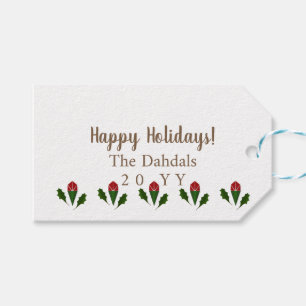 Jolly Abstract Red Roses Garden, Green Holly Brown Gift Tags