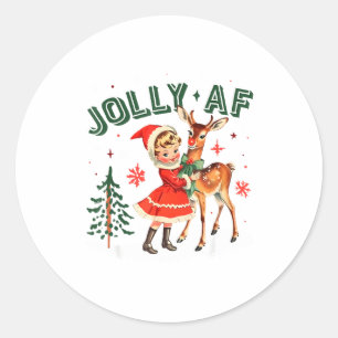 Jolly Af Christmas Retro 50s Cute Girl And Deer Vi Classic Round Sticker