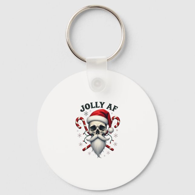 Jolly Af Christmas Skull Santa Hat Happy Xmas Holi Keychain (Front)