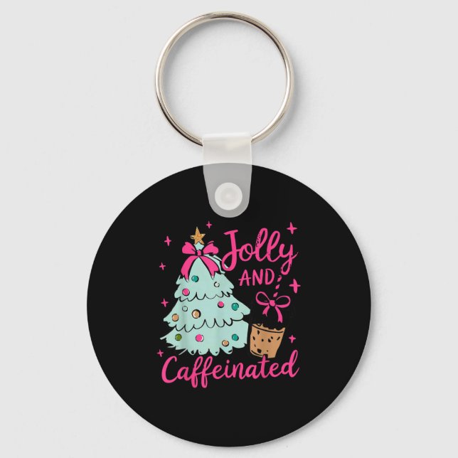 Jolly &amp; Caffeinated Coffee Coquette Bow Xmas T Keychain (Front)