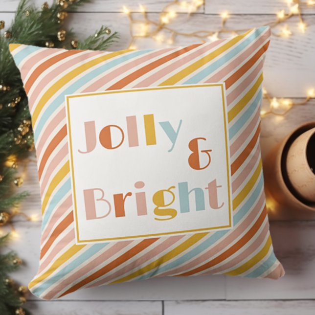 Jolly and Bright Colourful Stripes Christmas Throw Pillow (Jolly and Bright Colorful Stripe Christmas Throw Pillow Holiday Decor)