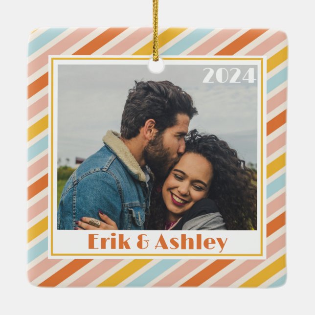 Jolly and Bright Colourful Stripes Photo Christmas Ceramic Ornament (Back)