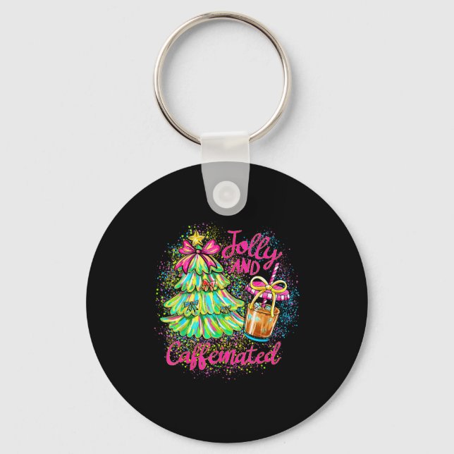 Jolly And Caffeinated Christmas Tree Coquette Bow  Keychain (Front)