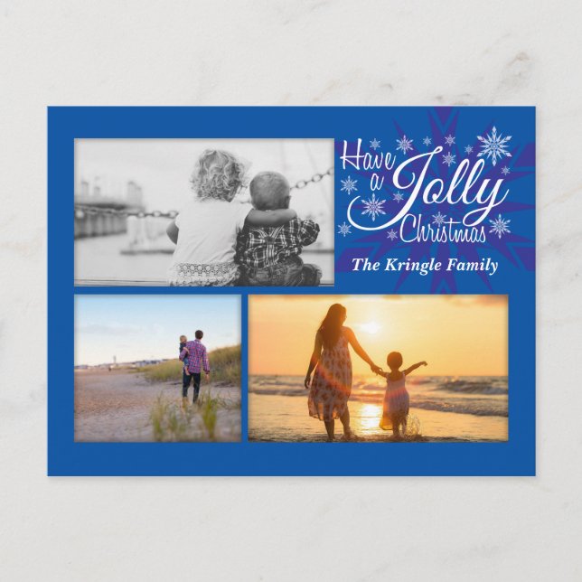 Jolly Blue Christmas Snowflake Photo Postcard (Front)