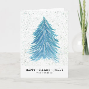 Jolly Blue Christmas Tree Watercolor Drawing Holiday Card