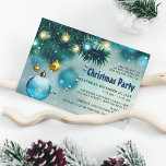 Jolly Blue & Gold Christmas Holiday Party Invitation<br><div class="desc">A festive xmas holiday party invitation featuring a faded misty blue and white background, christmas tree foliage with hanging aqua blue and shiny gold baubles, magical bulb fairy lights and silver string beads. The whole invitation is overlayed with transparent snow drops to create wintery feeling, and a simple christmas celebration...</div>