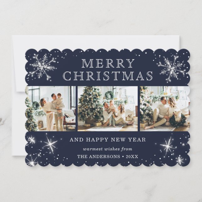 Jolly Blue Silver Sparkly Snowflake Photo Collage Holiday Card (Front)