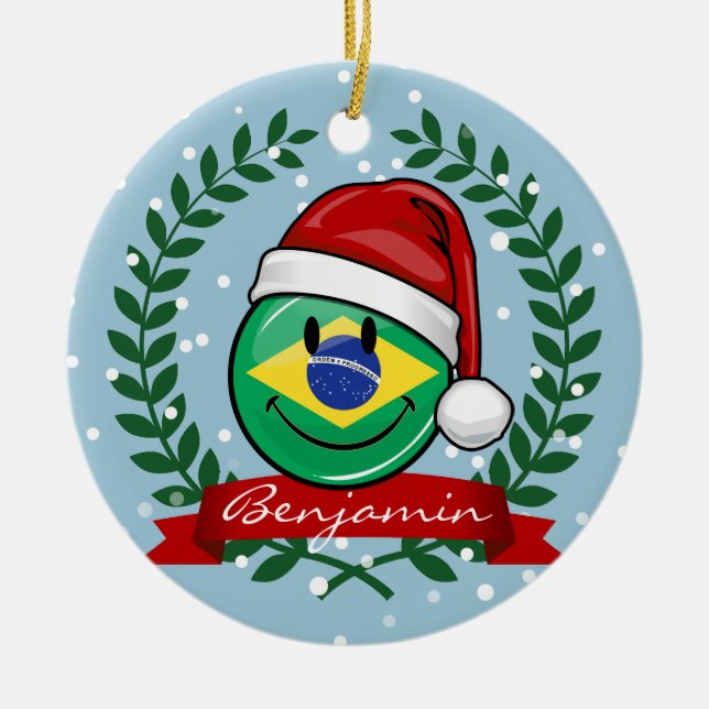 Jolly Brazilian Flag Christmas Style Ceramic Ornament (Front)