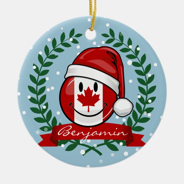 Jolly Canadian Flag Christmas Style Ceramic Ornament (Front)