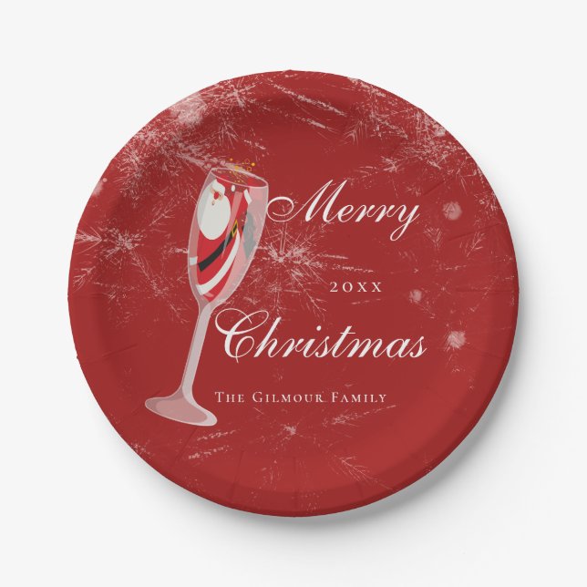 Jolly Christmas Cheers with Santa Champagne winter Paper Plate (Front)