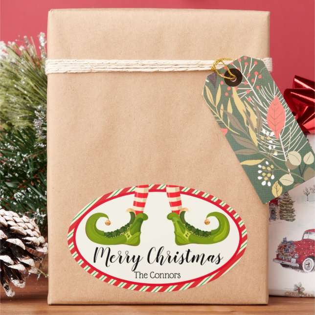 Jolly Christmas Elf Legs Stripes Holiday OVAL Oval Sticker (Holiday)