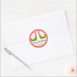 Jolly Christmas Elf Legs Stripes Holiday Small Classic Round Sticker<br><div class="desc">Fun elf legs wearing red and ivory striped tights and green boots with jingle bells, and your holiday Christmas details in chic lettering, these small stickers are beautiful for party favours, gifts, invitation envelopes, homemade food gifts and more. ***ALL SHAPES are already done for you in our store plus see...</div>