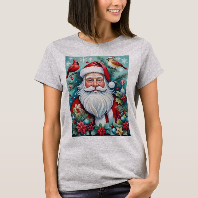 Jolly Christmas Santa Clause And Cardinals  T-Shirt (Front)