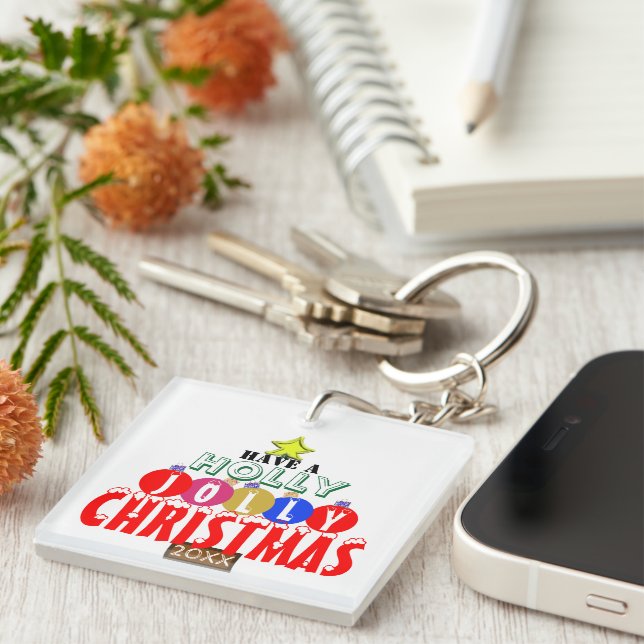 Jolly Christmas Tree Ornaments Monogram Keychain (Front Right)