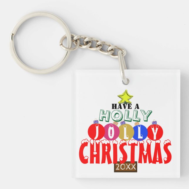 Jolly Christmas Tree Ornaments Monogram Keychain (Front)