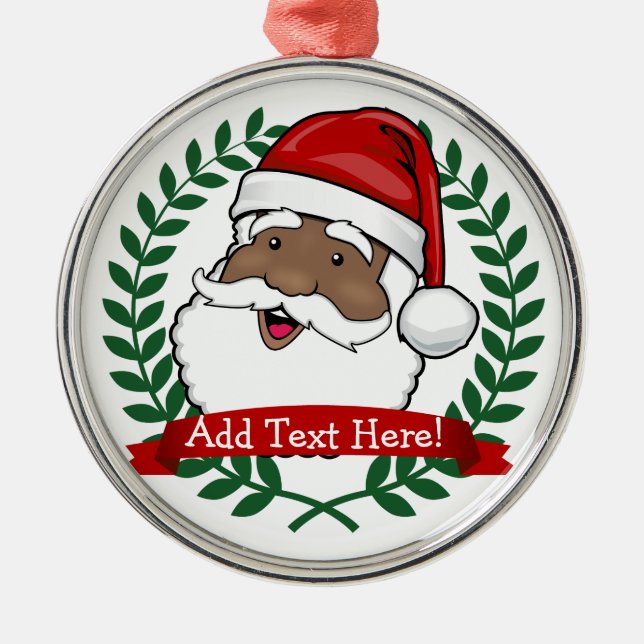 Jolly Ethnic Santa Custom Text Christmas Metal Ornament (Front)