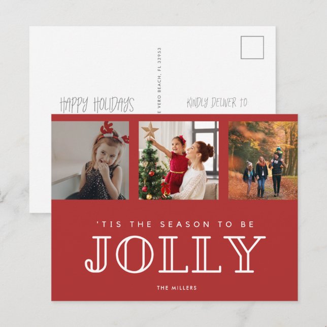Jolly Family Three Photo Christmas Red Holiday Postcard (Front/Back)