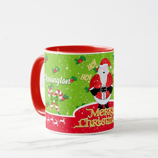 Jolly Fat Santa with Candy Cane and Holly on Green Mug (Front Left)