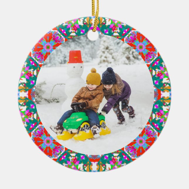 Jolly Festive Custom Christmas Photo Picture Frame Ceramic Ornament (Front)