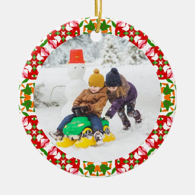 Jolly Festive Red Christmas Photo Picture Frame Ceramic Ornament (Front)