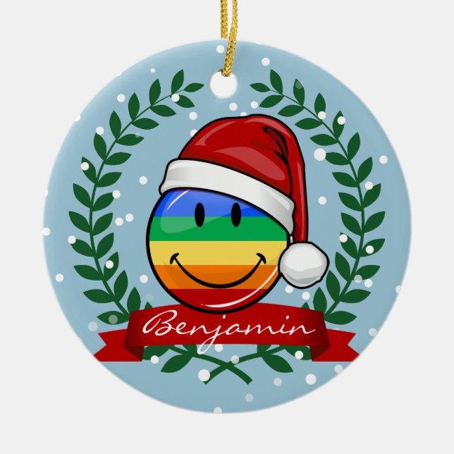 Jolly Gay Pride Flag Christmas Style Ceramic Ornament (Front)