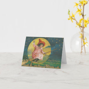 Jolly Halloween Pink Witch on Broom Vintage Card