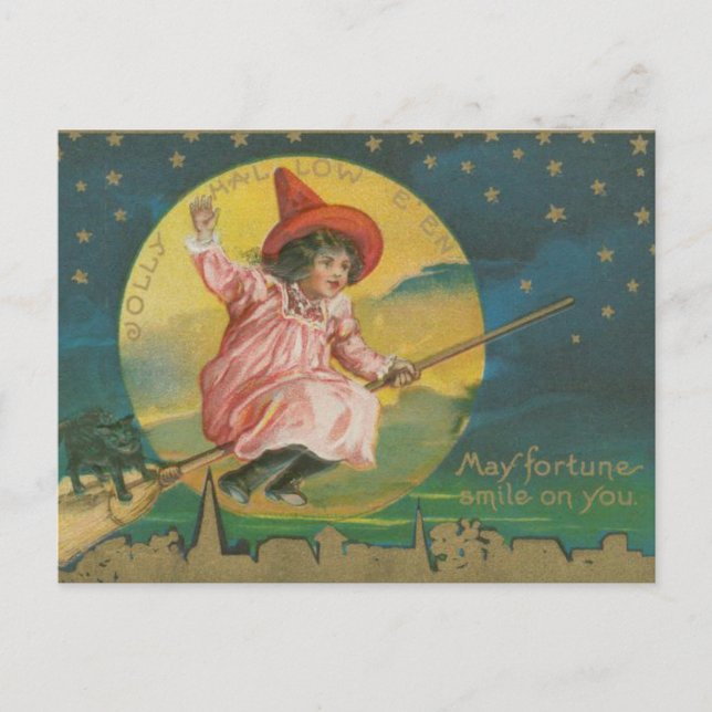Jolly Halloween Pink Witch on Broom Vintage Postcard (Front)