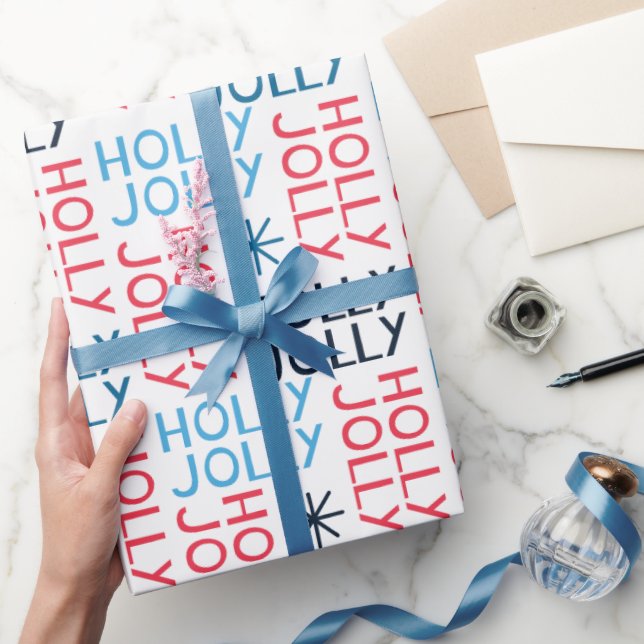 Jolly Holly Typography Red Blue White Christmas Wrapping Paper (Gifting)