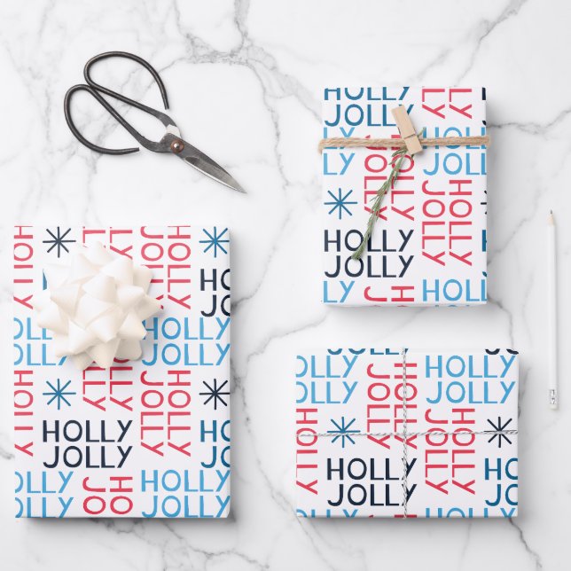 Jolly Holly Typography Red Blue White Wrapping Paper Sheet (Front)