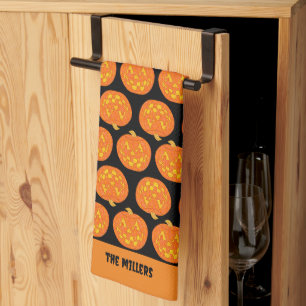 Jolly Jack O Lantern Pattern Cute Black Halloween Kitchen Towel