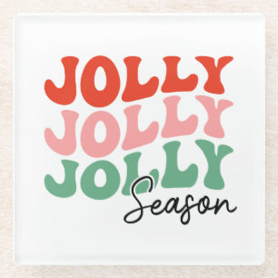 Jolly Jolly Jolly Season  Retro Holiday Typography Glass Coaster