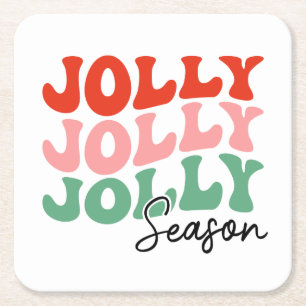 Jolly Jolly Jolly Season  Retro Holiday Typography Square Paper Coaster