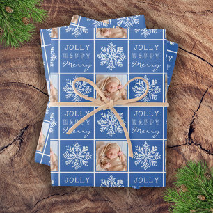 Jolly Merry Snowflake Photo Christmas Holiday Wrapping Paper Sheet