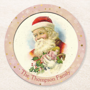 Jolly Old St. Nick Holding a Vintage Doll    Round Paper Coaster