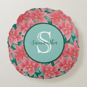 Jolly Poinsettia Personalized Monogram Round Pillow