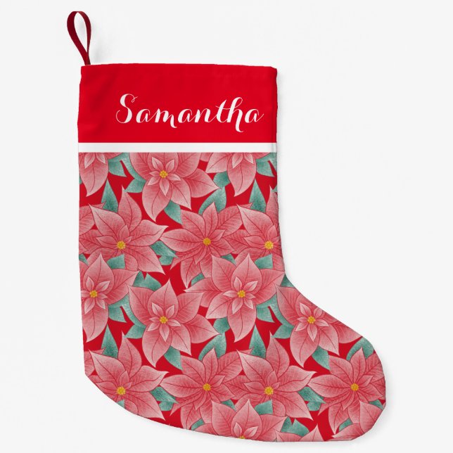 Jolly Red And White Poinsettia Personalized Name Small Christmas Stocking (Front)
