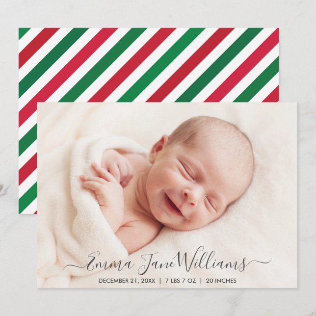 Jolly Red Green Striped Birth Announcement Photo (Front/Back)