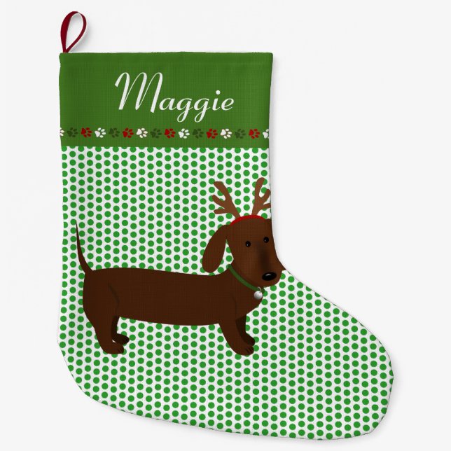Jolly Reindeer Brown Dachshund Personalized Large Christmas Stocking (Front)